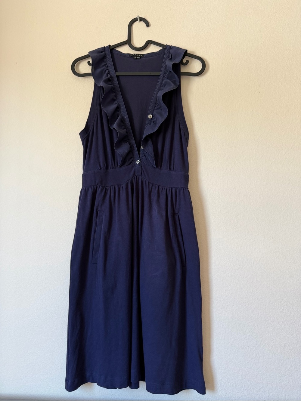 Theory Navy Blue Dress with Silk Ruffle Trim Size L Runs Small